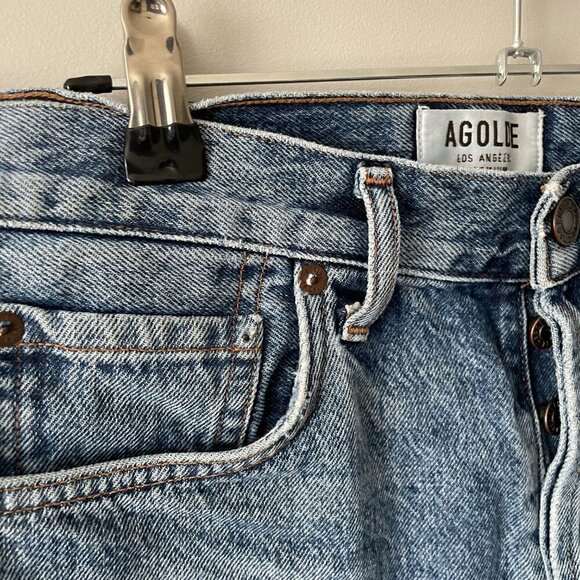 Agolde Parker Denim Shorts Caution Blue Raw Hem Mid-Rise Medium Wash  24 - Picture 8 of 9